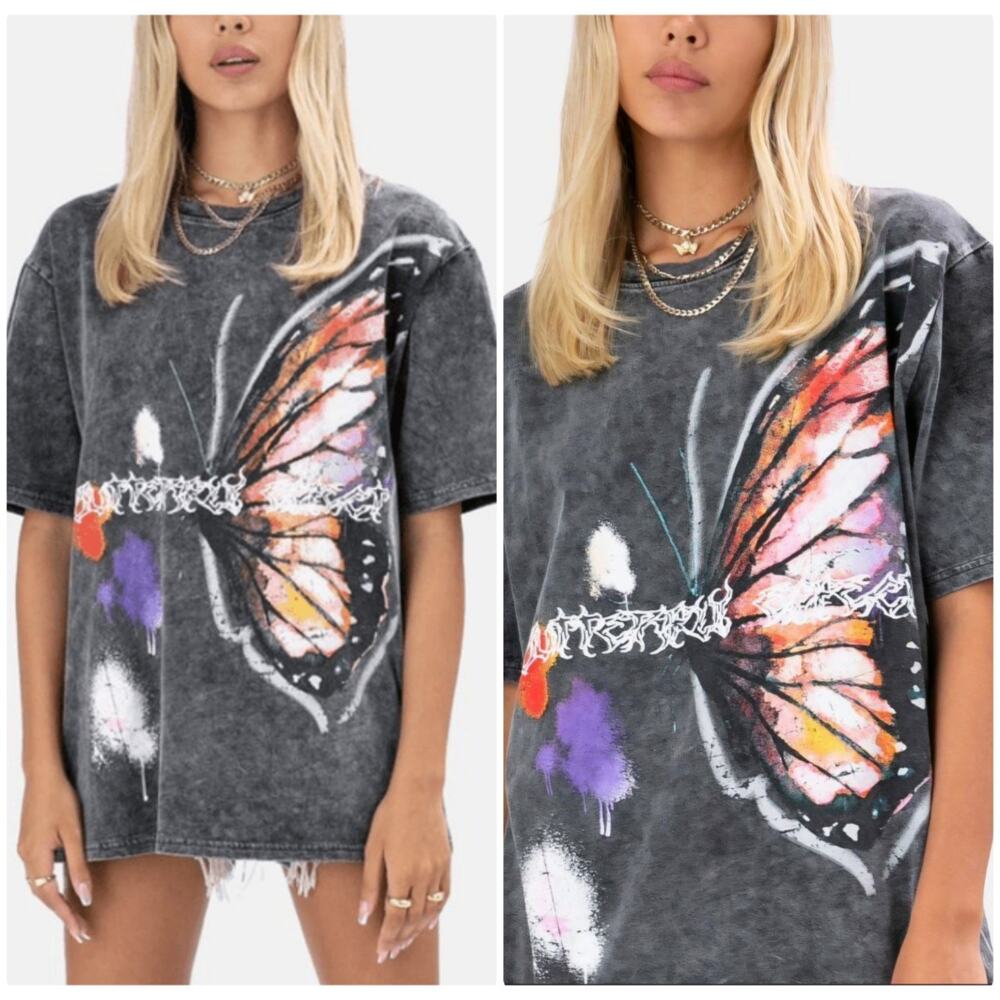 Adika Butterfly Graphic Tee Size M Black Acid Wash Y2K Grunge Streetwear Cotton
